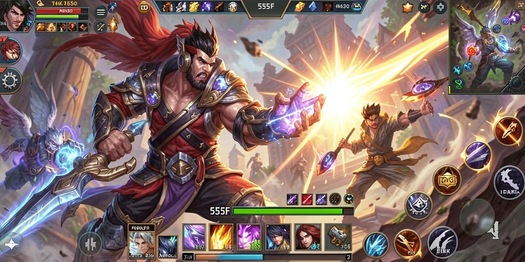 Tangkapan layar gameplay seru dari 555F dalam pertarungan MOBA.