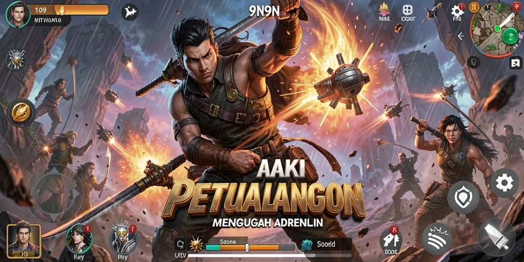 Screenshot 9N9N menampilkan pertempuran intens dengan karakter unik.