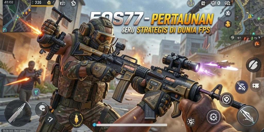Screenshot gameplay EOS77 yang menampilkan aksi pertempuran FPS.