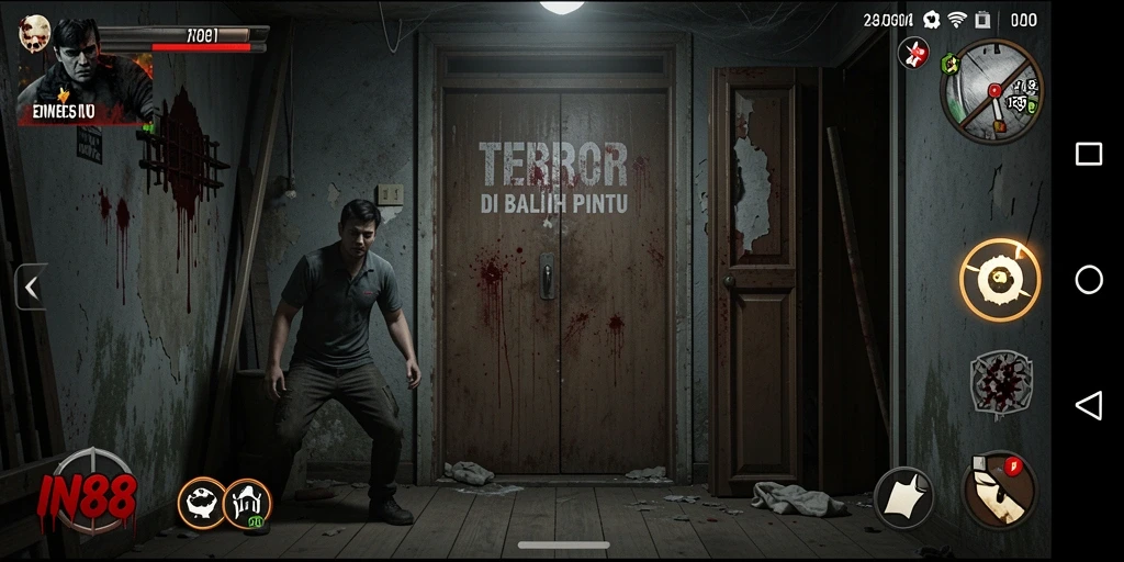 Screenshot gameplay IN88 menunjukkan suasana menyeramkan dan karakter yang berani menghadapi kegelapan.