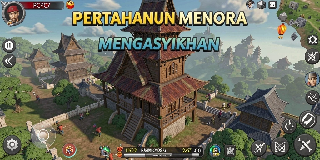 Screenshot gameplay PCPC7 menunjukkan pertahanan menara yang strategis.