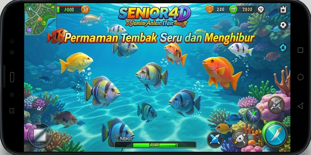 Screenshot gameplay SENIOR4D yang menampilkan aksi menembak ikan.