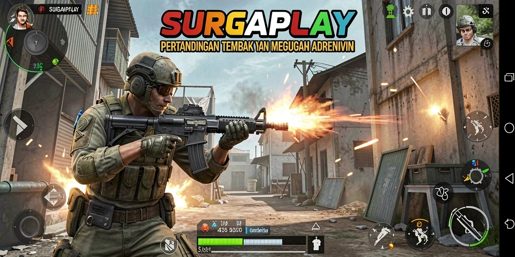 Gameplay seru dari SURGAPLAY dengan aksi tembak menembak yang intens.